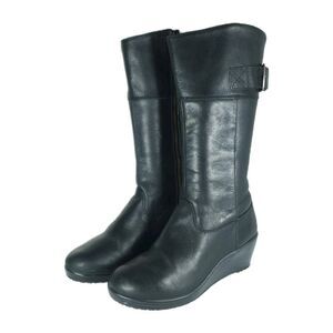 Crocs Women's A Leigh US6 Black Leather Side Zip Wedge Knee High Riding Boots